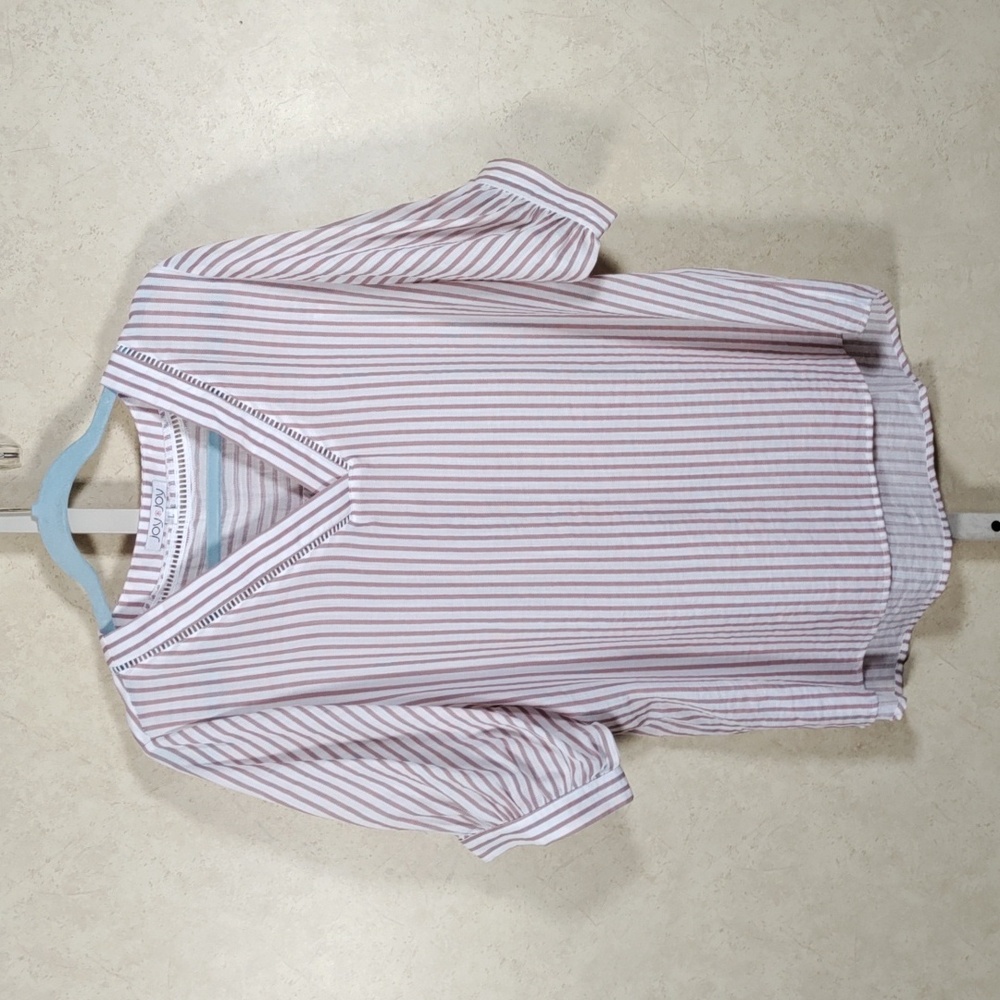 7111 Joy Joy brown & white striped v-neck S/S blouse L